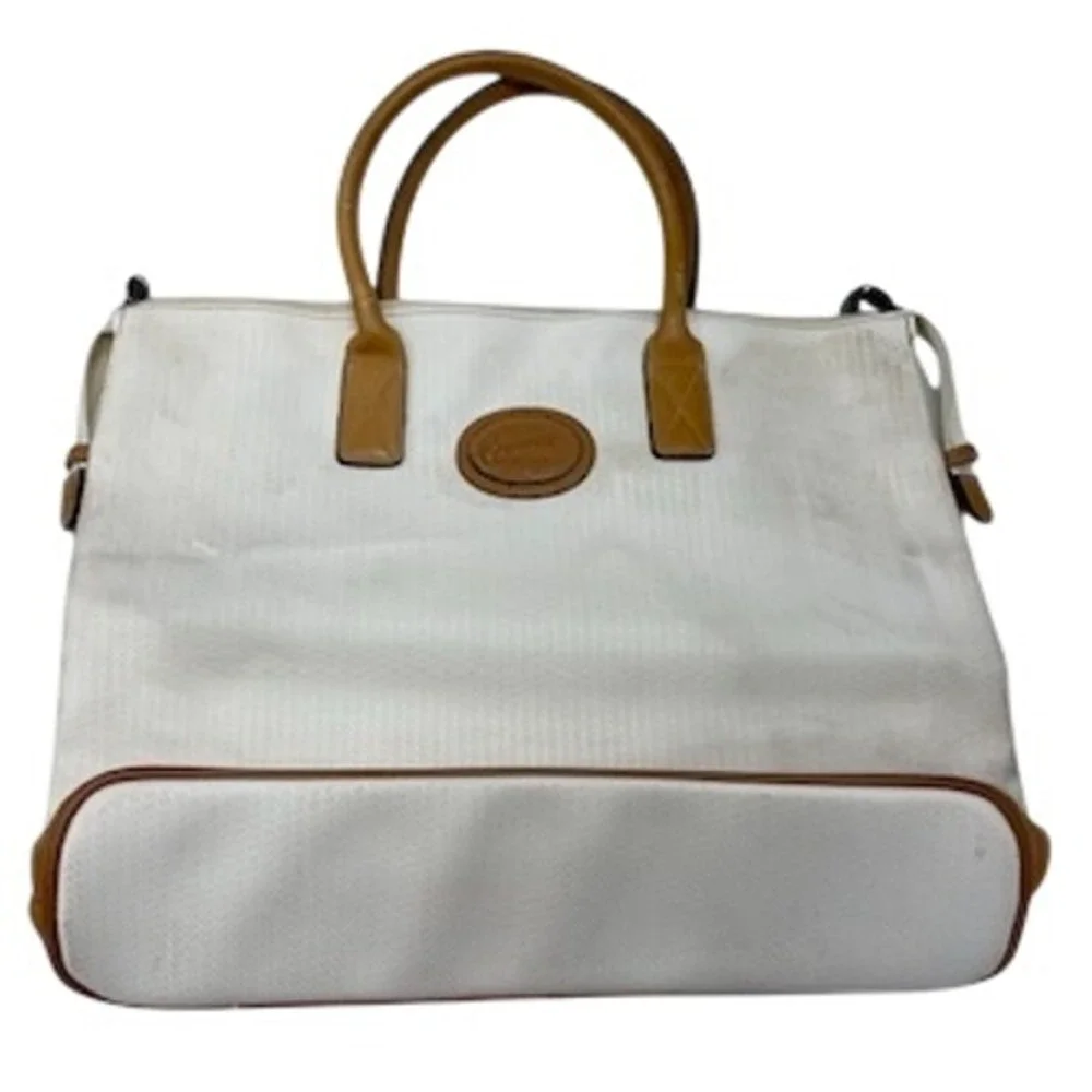 Ricardo Beverly Hills Vintage Tote Bag White Tan‎ Leather Trim Large Travel Zip
